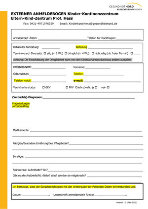 Screenshot des Anmeldebogen speziell für die Uro-Therapie/Kinderkontinenzzentrum