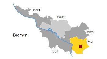 Silhouette von Bremen in grau und gelb markiert die Region Ost- Der Standort Bremen-Ost ist durch einen roten Punkt gekennzeichnet. 