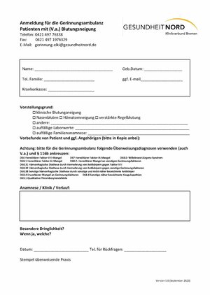 Foto des Anmeldebogen bei Anmeldebogen für PatientInnen mit (V.a.) Blutungsneigung