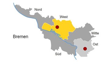 Silhouette von Bremen in grau und gelb markiert die Region West - Der Standort Bremen-West und Bremen-Ost ist durch einen roten Punkt gekennzeichnet. 