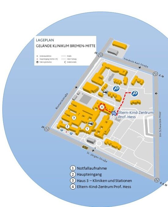 Ein Lageplan vom Klinikum Bremen-Mitte - ausgeschildert ist das Haus 4 - Eltern-Kind-Zentrum Prof. Hess