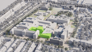 In den kommenden Jahre werden am Klinikum Bremen-Mitte auf der Fläche zwischen St.-Jürgen-Straße und Bismarckstraße neue Funktionsbereiche wie Herz-OP-Säle und Herzkatheterlabore gebaut. Sie schaffen die Voraussetzungen für die Fusion mit dem Klinikum Links der Weser. Die auf dem Bild grün eingezeichneten Gebäudeteile werden neu entstehen.