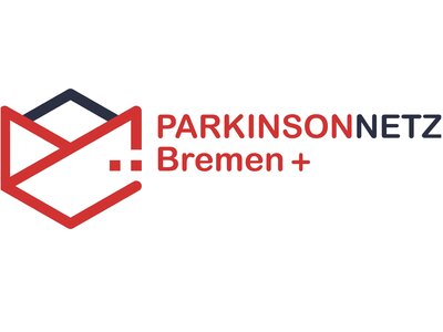 Logo des ParkinsonNetzBremen+ - ein rotes Netz symbolisch unterbrochen mit einem stilisierten blauem Dach