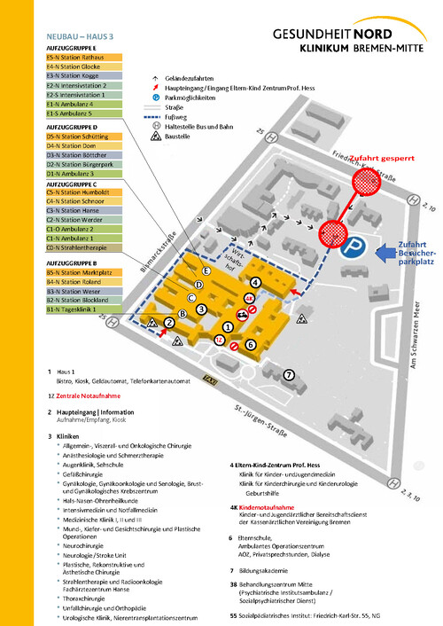 Skizze vom Lageplan KBM - Zufahrt über die Friedrich-Karl-Straße ist gesperrt