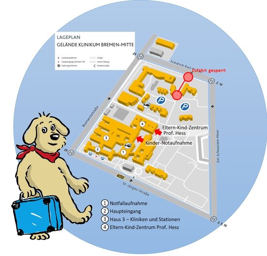 Lageplan Klinikum Bremen-Mitte - Zufahrt über die Straße Am Schwarzen Meer - Friedrich-Karl-Straße ist gesperrt