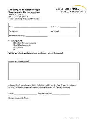 Foto des Anmeldebogens bei Thromboseneigung