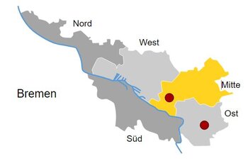 Silhouette von Bremen in grau und gelb markiert die Region Mitte - Der Standort Bremen-Mitte und Bremen-Ost ist durch einen roten Punkt gekennzeichnet. 