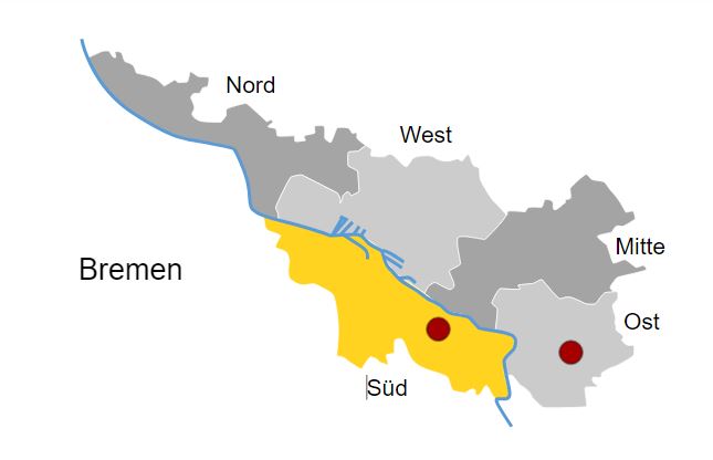 Silhouette von Bremen in grau und gelb markiert die Region Süd - Der Standort Links der Weser und Bremen-Ost ist durch einen roten Punkt gekennzeichnet. 